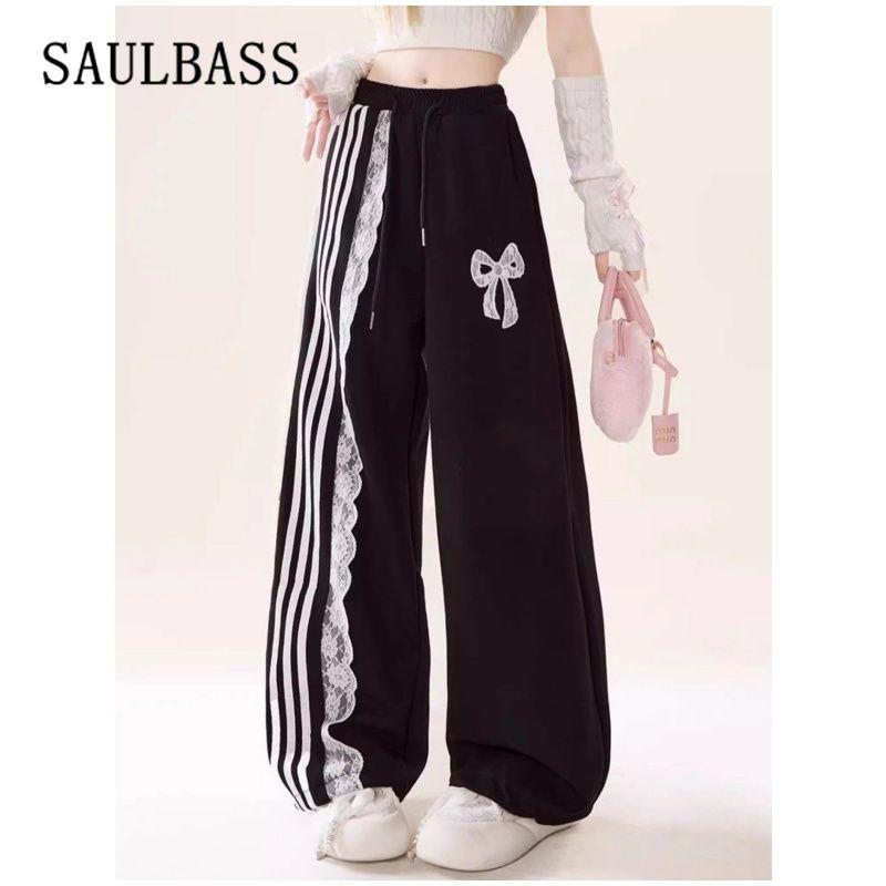 

Повседневные женские брюки в стиле ретро с кружевом и бантом, полосатые спортивные брюки с высокой талией, модные и универсальные брюки для мытья полов XL чёрный