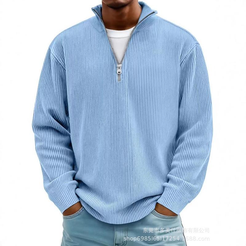 

Мужской светло-голубой ребристый свитер на молнии с воротником-стойкой, осенний повседневный S синий