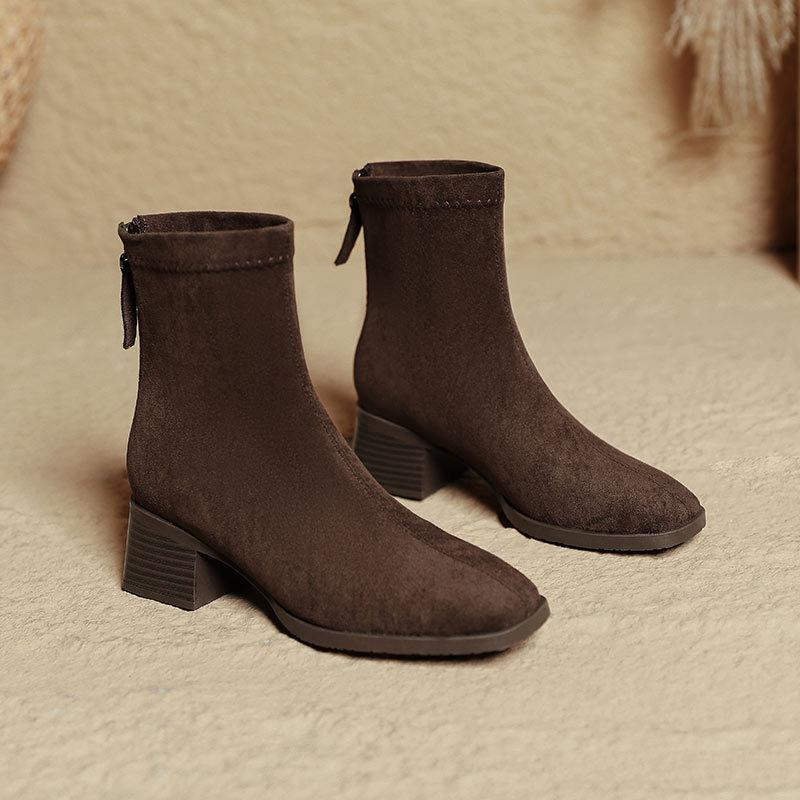 Square head short boots women's spring and autumn single boots 2025 new thick heel medium tube black boots French medium heel thin small short boots