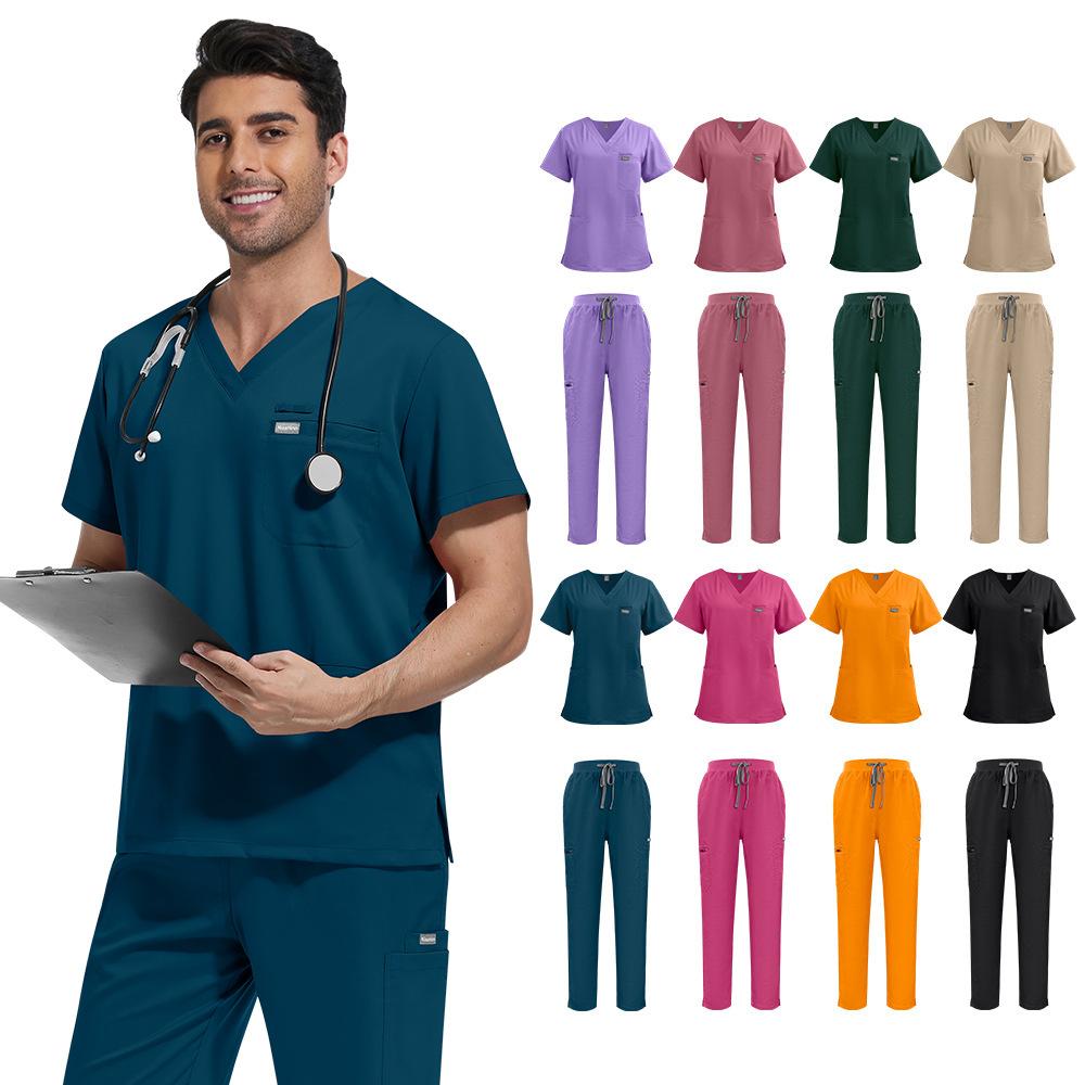Men's Loose And Comfortable V-neck Short Sleeved Workwear With Tie Up Top And Waist Cinching Beauty Suit Set