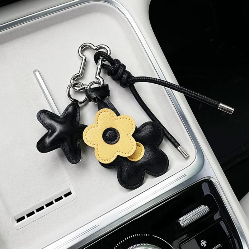 Yogodlns Flower Faux Leather Bag Charm, Braided Cord Cute Leather Star Accessory Bag Pendant for Women Girls