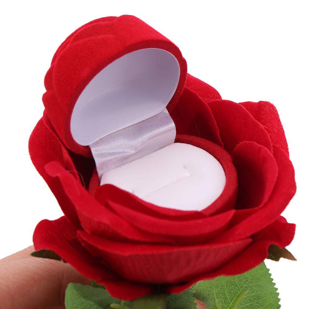 Boîte à Bague Fleur Rose Velours Rouge Boîte de Présentation Bijoux Réaliste Étui Porteur de Bague Rangement Bijoux