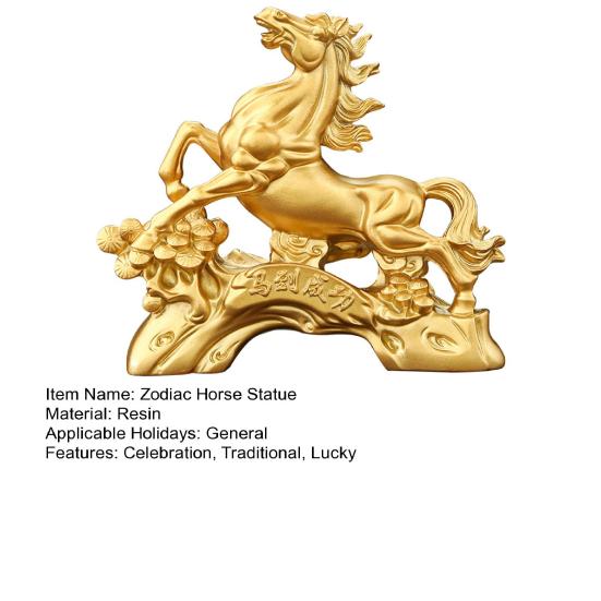 Resin Horse Statue Golden Feng Shui Chinese Zodiac Horse Sculpture 2026 Year of The Horse Collectible Figurine for Tabletop Mantel Home Office Decor