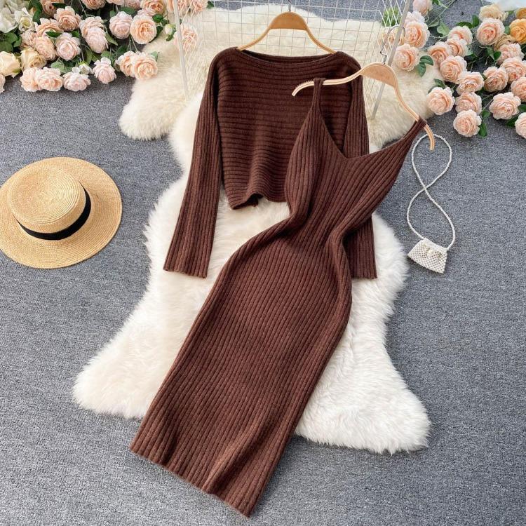 Women Autumn Winter Knit Set Slim Solid Color Two Piece All Match Crop Sweater Hip Dress For Ladies