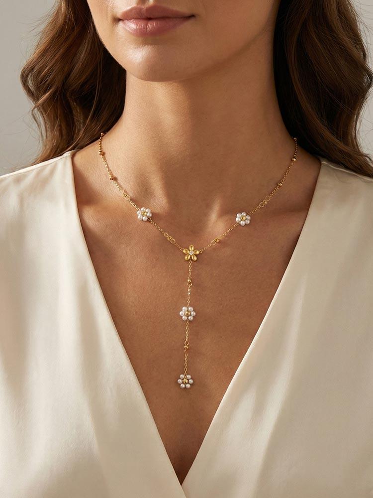 Chic Flower Y Shape Necklace for Women Stainless Steel Link Chain Y-shaped Necklaces Flower Accessories Gift
