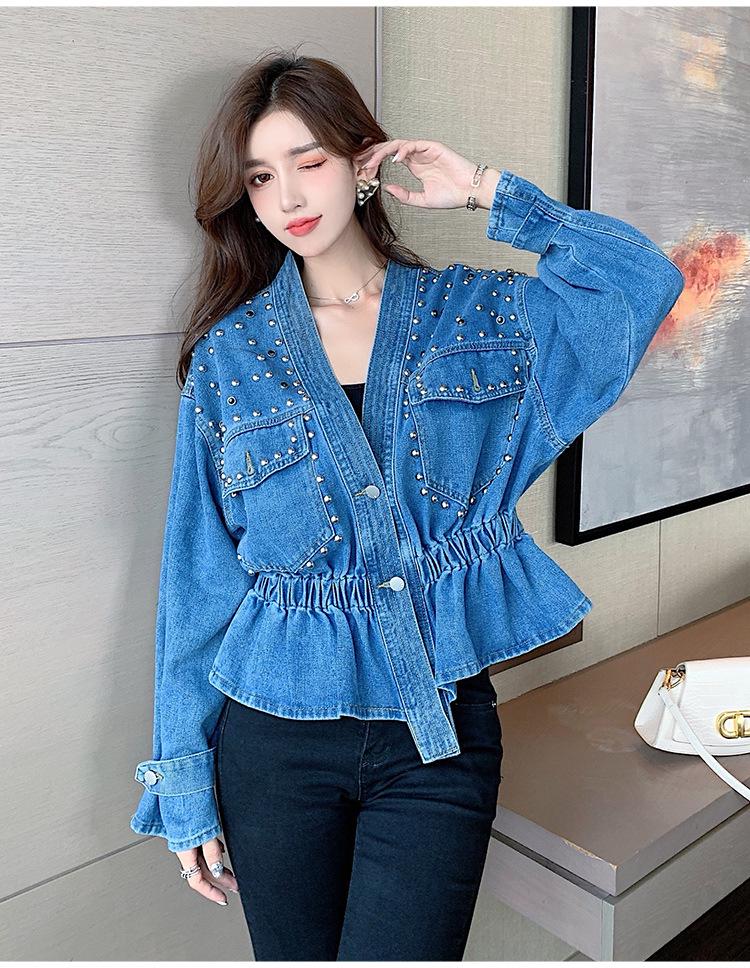 2024 Korean-Style Beaded V-Neck Denim Jacket for Women