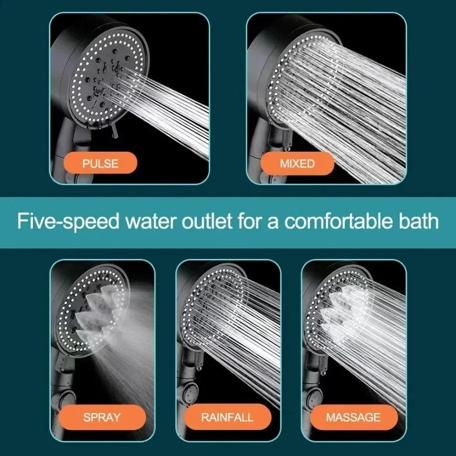 5 Adjustable Modes Shower Head High Pressure Bathroom Accessories Showerheads with Hose Water Saving One-Key Stop Spray Nozzle