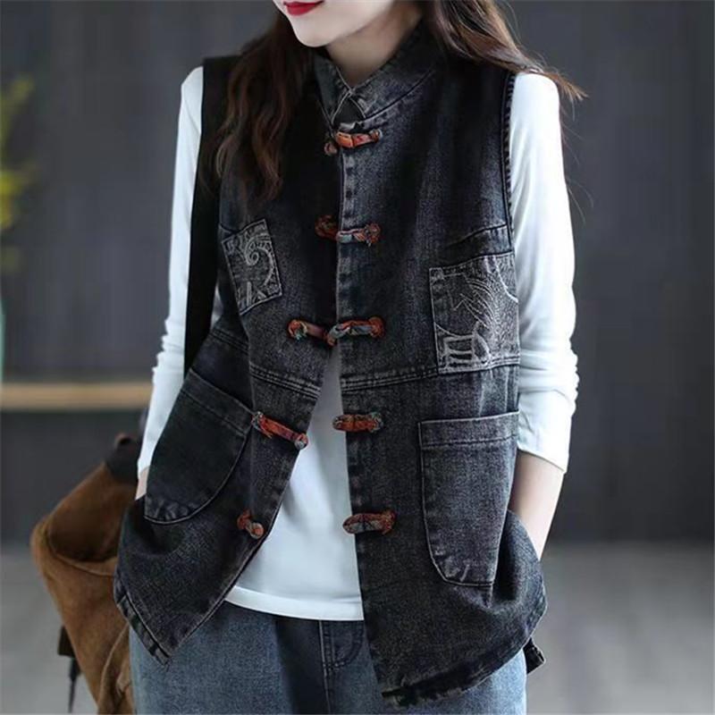 

Женский джинсовый жилет в этническом стиле с пряжкой-диском, повседневный жилет весна-осень больших размеров, литературный ретро-жилет, модный теплый жилет для женщин XS чёрный