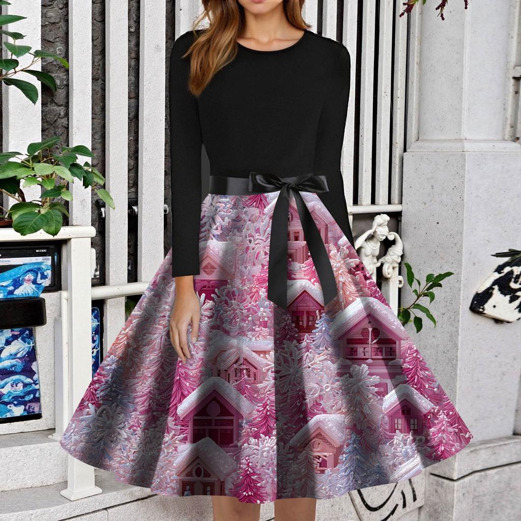 Women's Fashion Round Neck Slim-Fit Christmas Print Long-Sleeved Dress