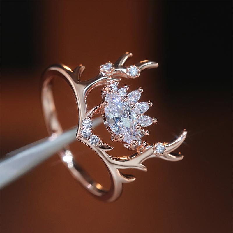 Huitan Fashion Elk Women Ring Rose Gold Color Cute Antler Crystal Zirconia Christmas Party Present Rings Accessories New Design