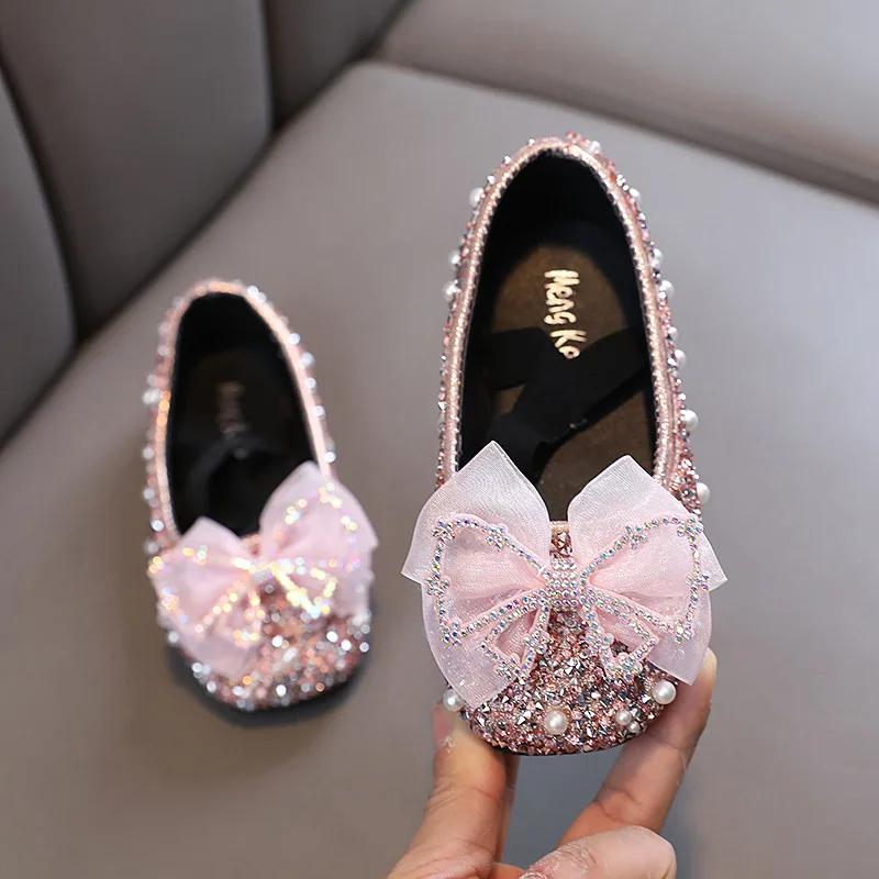 Spring Children's Lace Bow Princess Shoes Girls Bling Sequins Leather Shoes Anti-slippery New Kids Beaded Wedding Shoes G06142