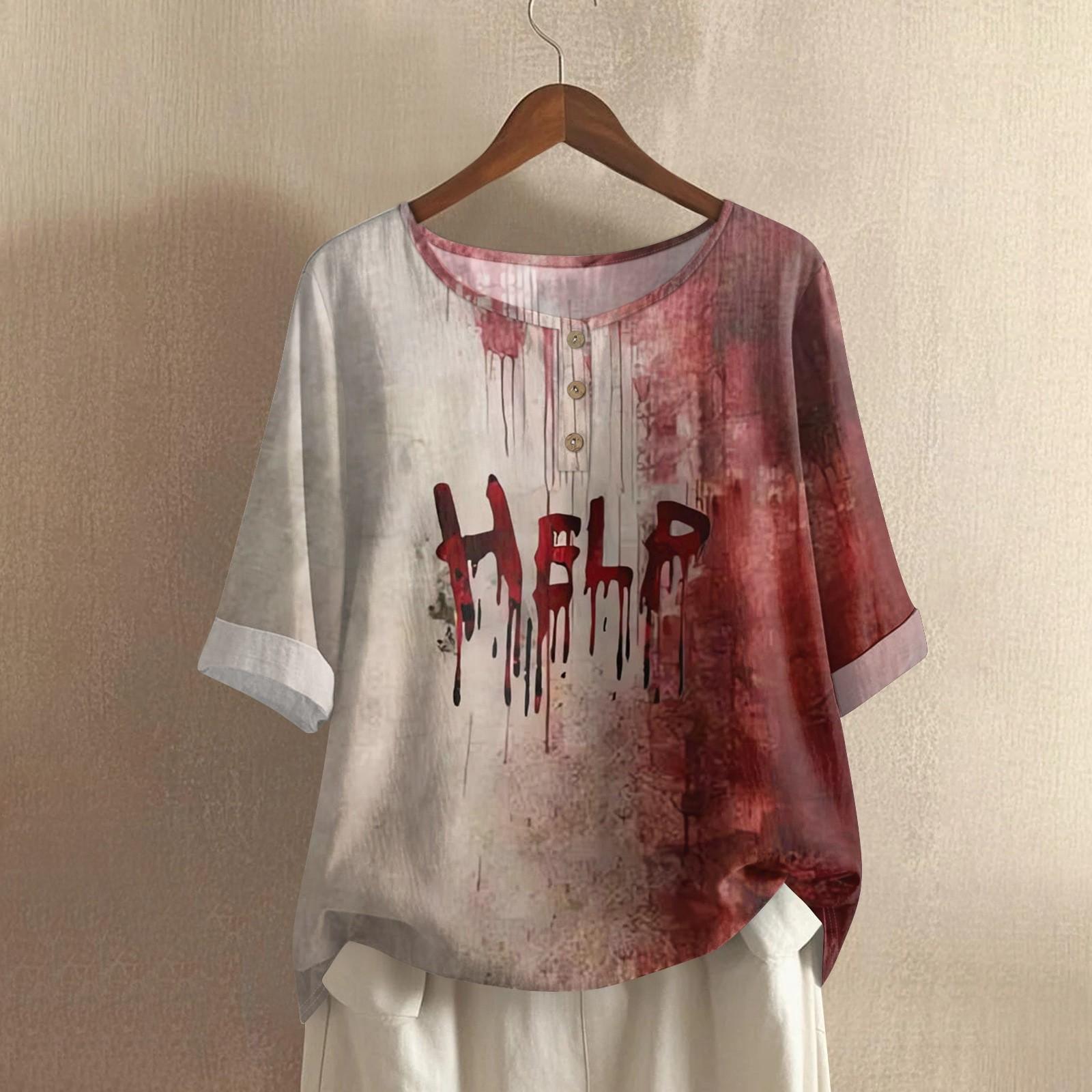 

Женская модная и повседневная рубашка с полурукавом, круглым вырезом, принтом, из хлопка и льна, блузка-топ S винный