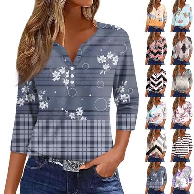 Women's Fashion Casual Printed V-Neck Seven Sleeve Button Down T-Shirt Top
