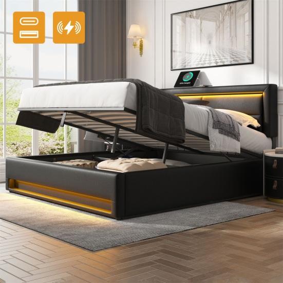Upholstered Bed 140 X 190cm, with USB Port (Supports Wireless And Wired Charging), with LED Lighting And Storage Space, Without Mattress, Faux Leather