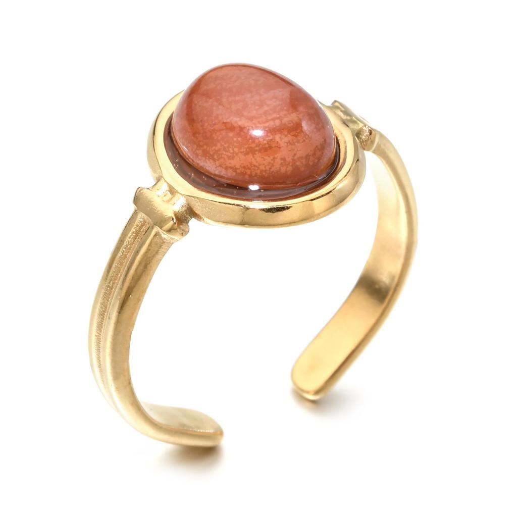 Bague ouverte ovale en pierre semi-précieuse – Bague tendance en acier titane résistant à la lumière pour femme