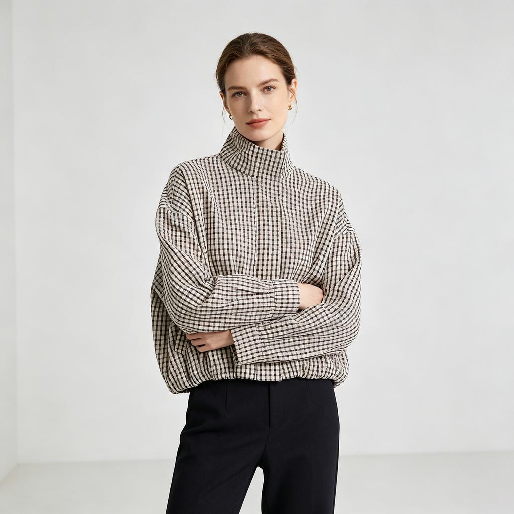 Women's Plaid Shirt Jacket with Long Sleeves and Adjustable Tie Collar for Casual Wear