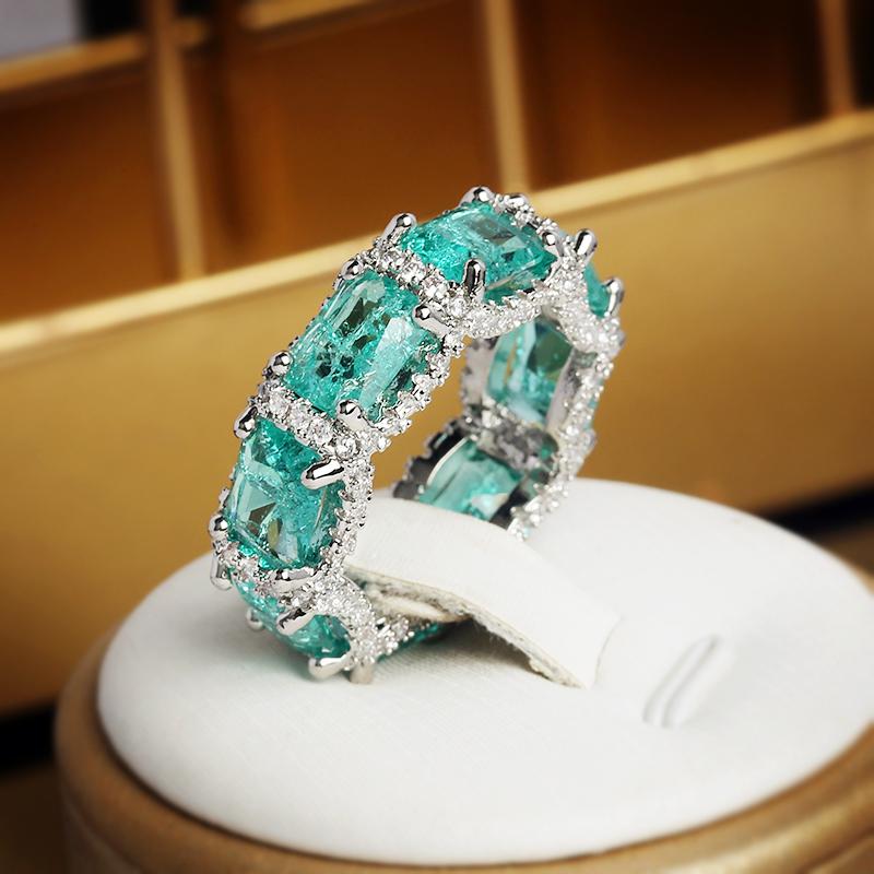 

Luxurious Paraiba Sapphire Princess Cut Full CZ Diamond Ring For Women 925 Stamp Geometric-shaped Zirconia Matrimony Bride Jewelry Token 8