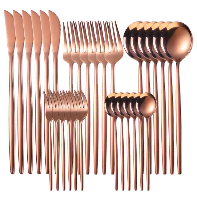 30pcs Gold Dinnerware Set Stainless Steel Steak Knife Fork Coffee Spoon Teaspoon Flatware Dishwasher Safe Kitchen Tableware Set