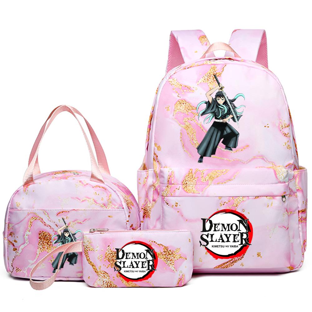 3Pcs/set Demon Slayer Printed Backpack Handbag Pencil Case for Teenager Student Girl Boy Bookbag Schoolbag Women Large Capacity Waterproof Travel Bag