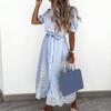Women Dress Hollow Out Embroidery Summer Single Breasted Lace-up Maxi Dress Beachwear