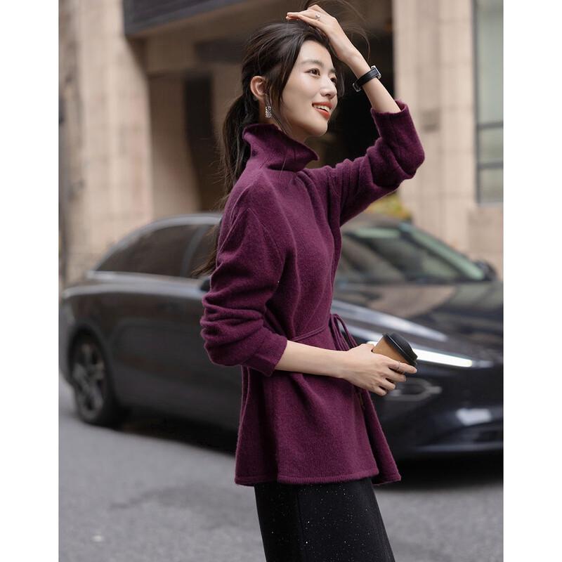 DeMana 100% Merino Wool High-Neck Belted Knit Sweater XL