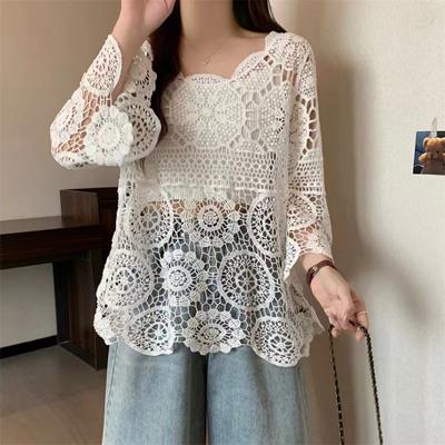 DIMANAF 2024 Neues Sommer Damen T-Shirt Basic Mode Tops Spitze T-Shirts Lässig Locker Weißes T-Shirt