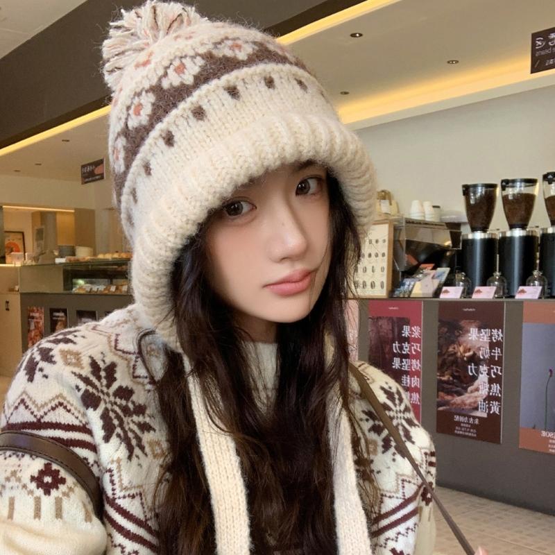 Elastic Thermally Fleece Hat Nordic Pattern Lightweight Cold Weather Headwear Elastic Winter Beanies For Travel
