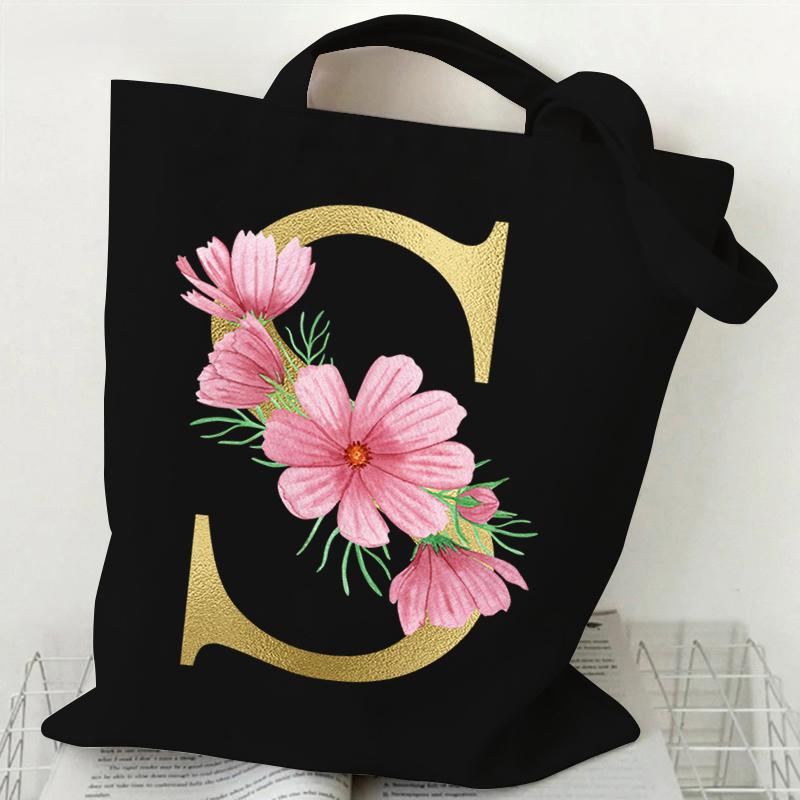 26 Golden Alphabet Floral Tote Bags for Women Large Capacity Canvas Casual New Flower Alphabet Printed Female Reusable Handbag