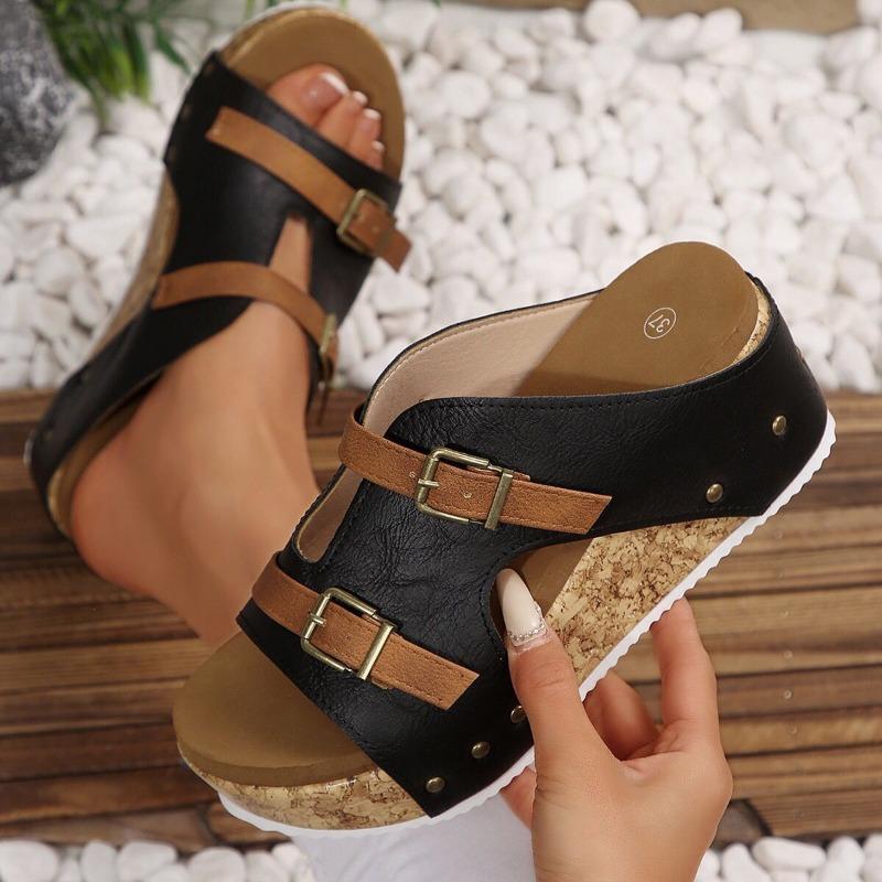 Large size thick bottom slope heel with slippers, summer new buckle with beach open-toed women's cool slippers