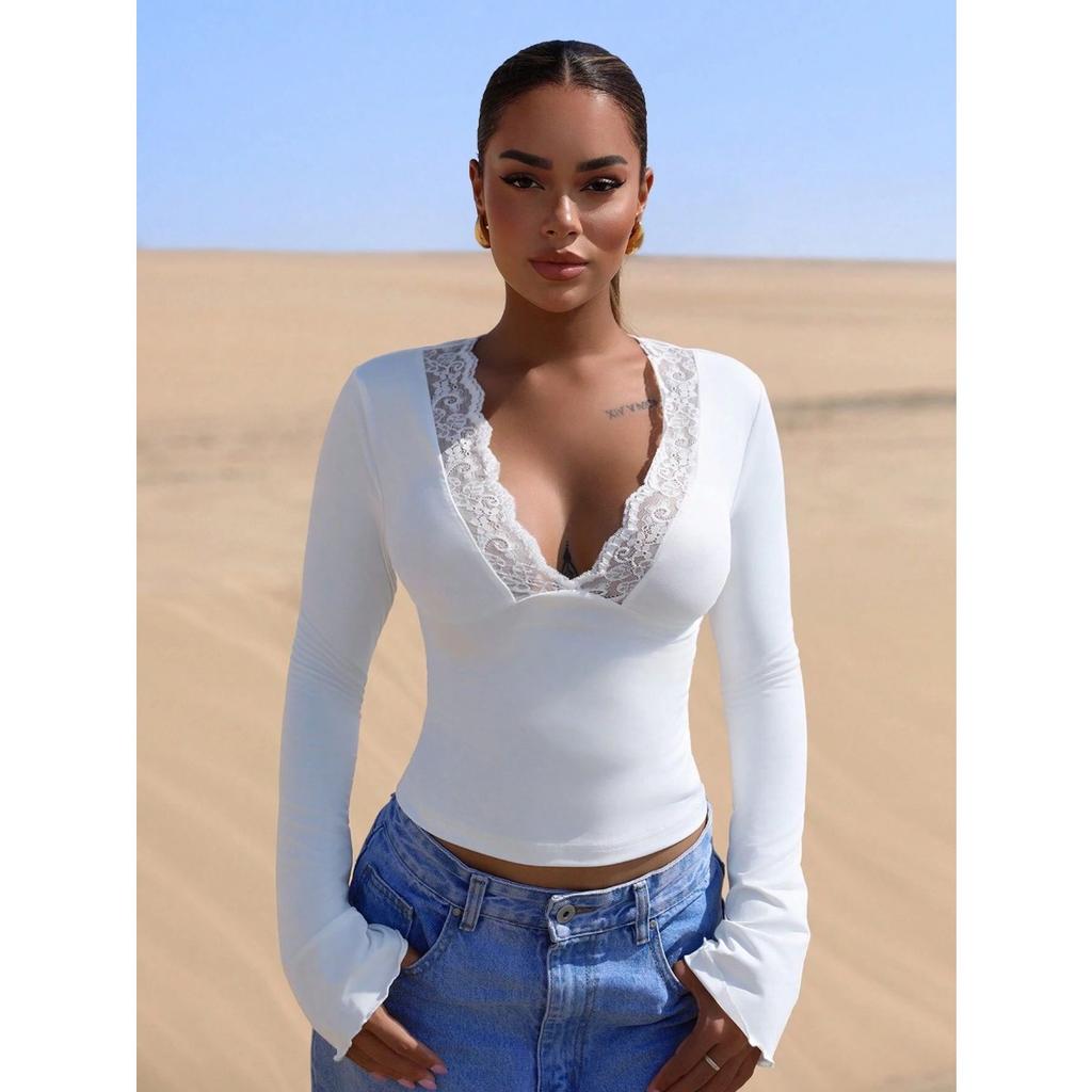 V-neck Lace Patchwork Sexy Spicy Girl Long Sleeved Slim Fit Top Women’s T-shirts