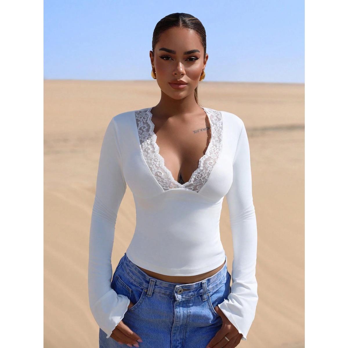 

V-neck Lace Patchwork Sexy Spicy Girl Long Sleeved Slim Fit Top Women’s T-shirts S