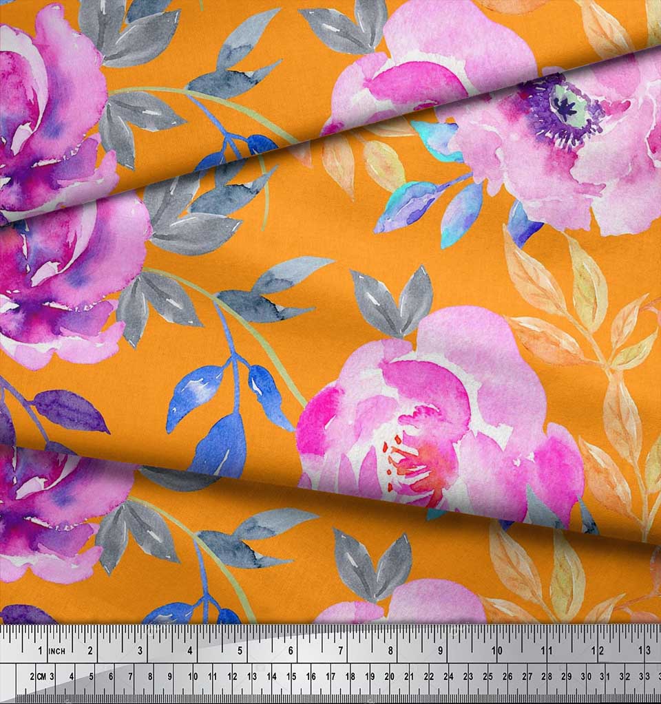 Soimoi Japan Crepe Satin Fabric Leaves & Peony Flower Print Fabric by the Metre 42 Inch