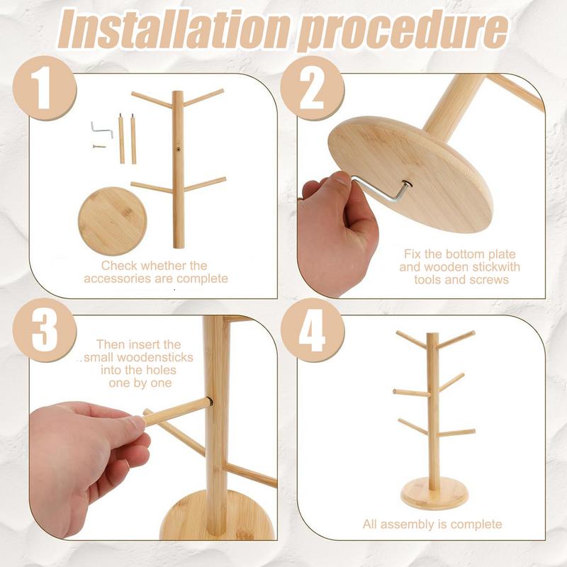 Wood Mug Holder 6 Hook Coffee Mug Tree Holder Mug Hanging Display Rack Drinkware Shelf Tea Cup Storage Holder Stand Kitchen