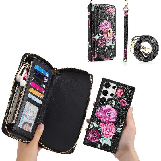 Crossbody Wallet Case for Samsung Galaxy S24 Ultra, Magnetic Detachable PU Leather Flip Phone Case with Card Holder RFID Blocking Wristlet Mirror
