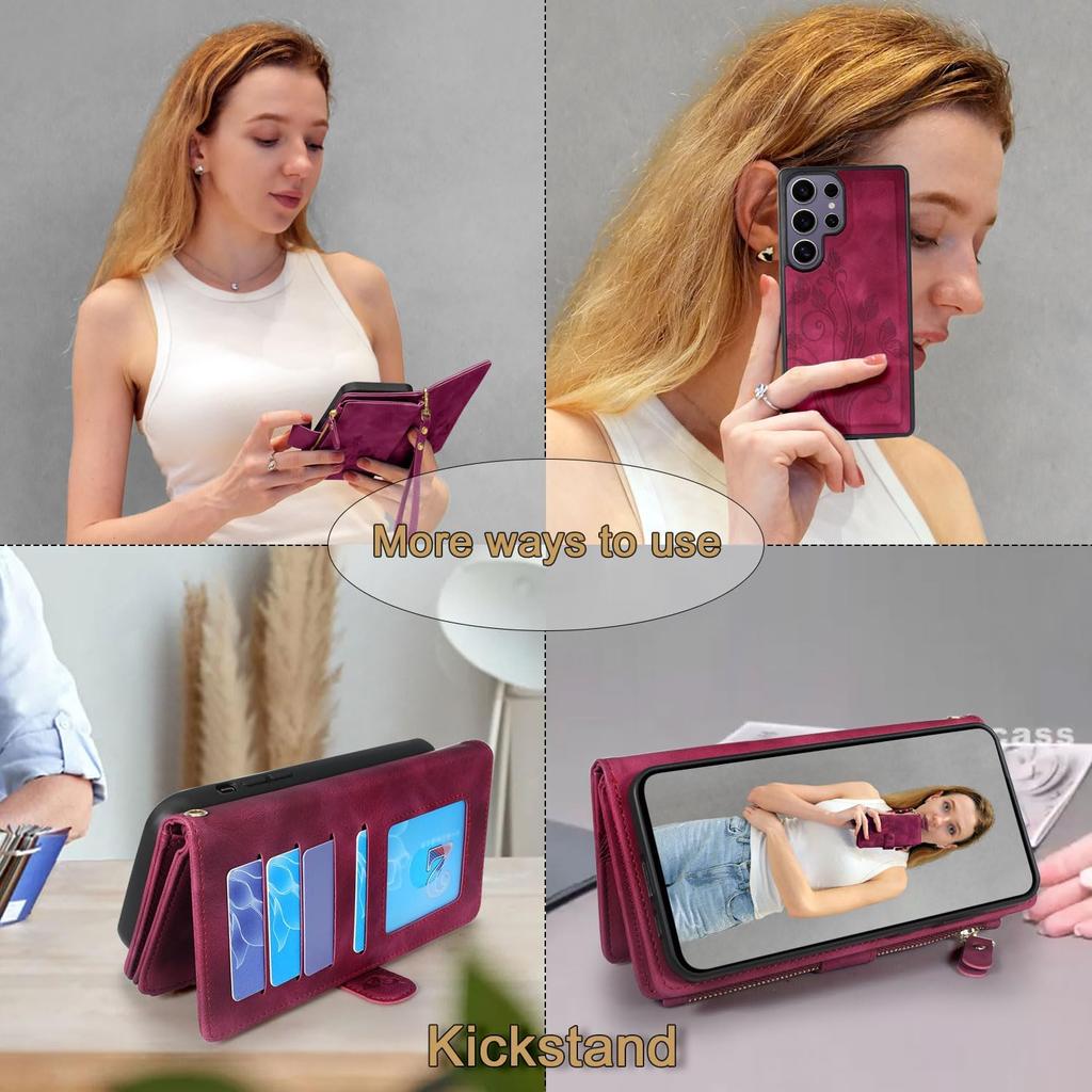 Lacass Case Wallet for Samsung Galaxy S25 Ultra, [12 Card Slots] ID Credit Cash Holder Zipper Pocket Detachable Leather Wallet Cover with Wrist Strap