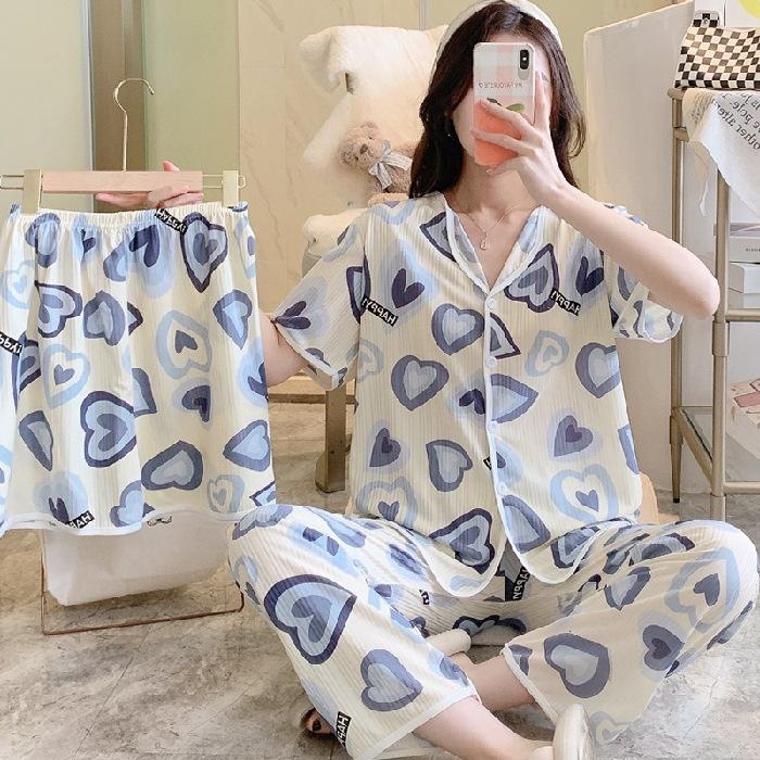 Short-Sleeved Pajamas Three-Piece Korean Version Of Sweet And Cute Cardigan Women'S Loungewear