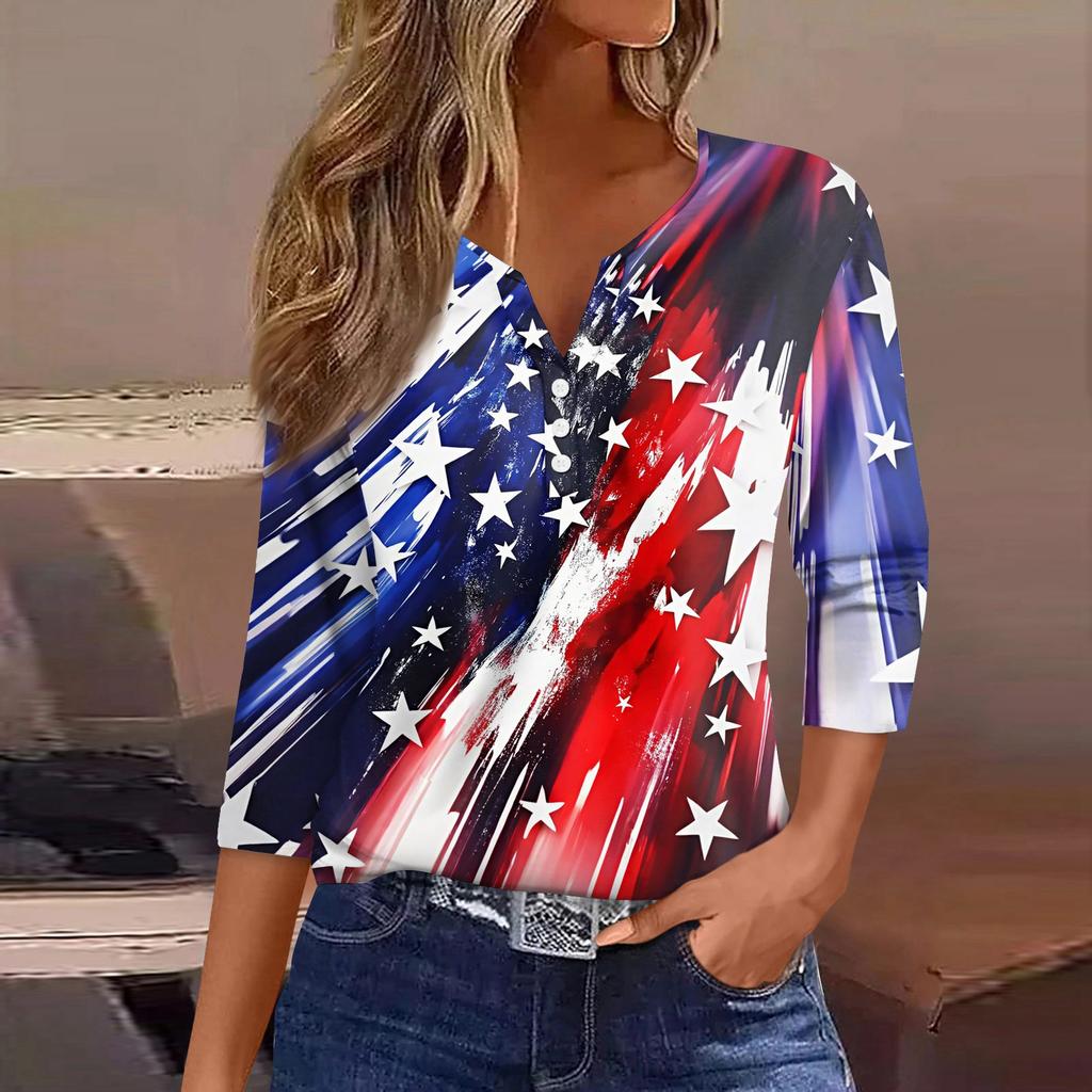 Women's T Shirt Independence Day Print Button 3/4 Sleeve Daily Weekend Fashion Basic V- Neck Regular Top