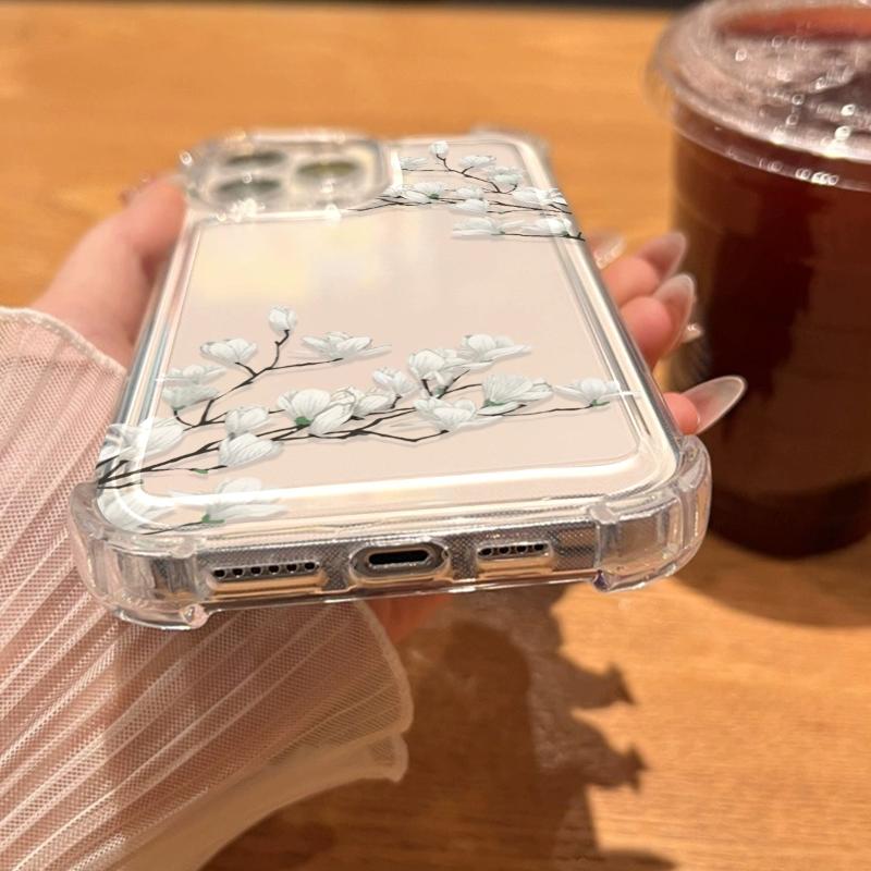Simple White Flower Pattern Transparent Phone Case Suitable for iPhone 17 16 15 14 13 12 11Pro/Max/Plus Anti Drop and Shockproof