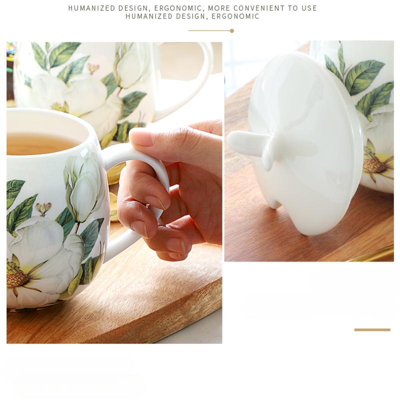 Hrnek z kostního porcelánu s víčkem a lžičkou, hrnek s velkým bříškem, 3 styly, keramický hrnek, roztomilé květinové hrnky, šálek na kávu 450 ml