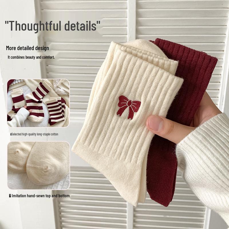2024 Autumn/Winter Angora Red Socks with Wine Red Bow Embroidery - Medium To Long Pile Style