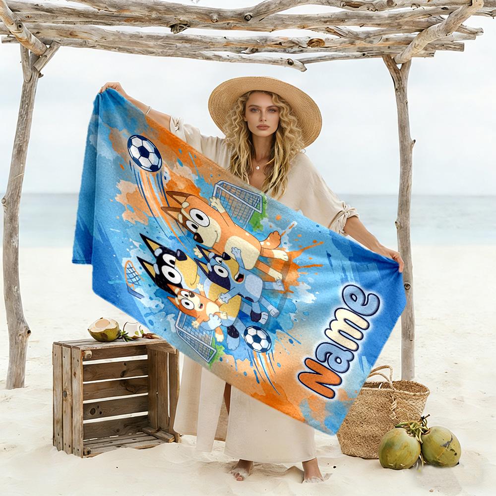 Soccer Fun Blue Brown Customizable Name Beach Towel High Absorbency & Quick-Dry Suitable for Sports Travel Swimming Yoga Bathroom Beach And Pool
