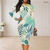 Women Plus Size Round Neck Long Sleeve Tropical Leaf Printed Bodycon Midi Dress