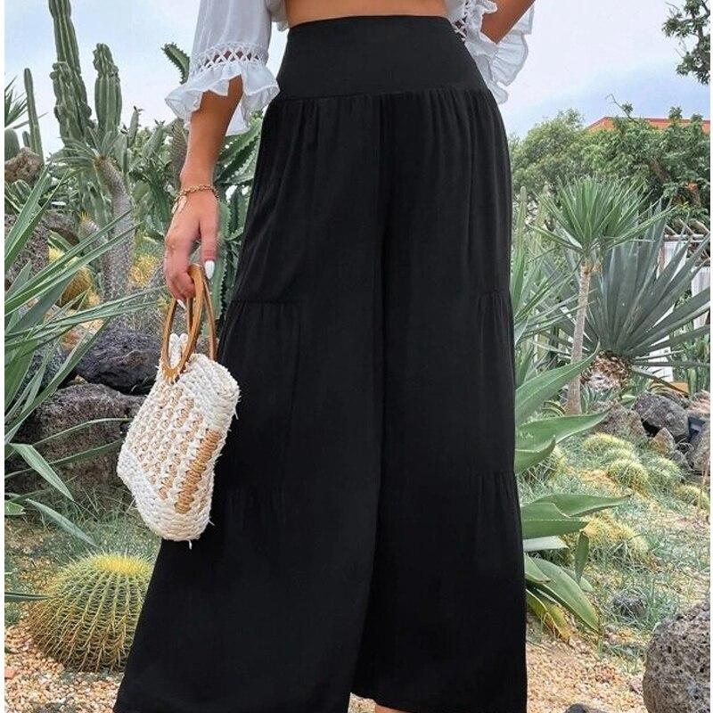 

Повседневные широкие брюки с высокой талией, женские летние модные свободные женские брюки из хлопка и льна в стиле пэчворк, однотонные мешковатые Spodnie 26196 XL чёрный