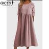 QICED Women's Fashion Summer Spring Solid Color Print Short Sleeve O-Neck High Waist Casual Dresses