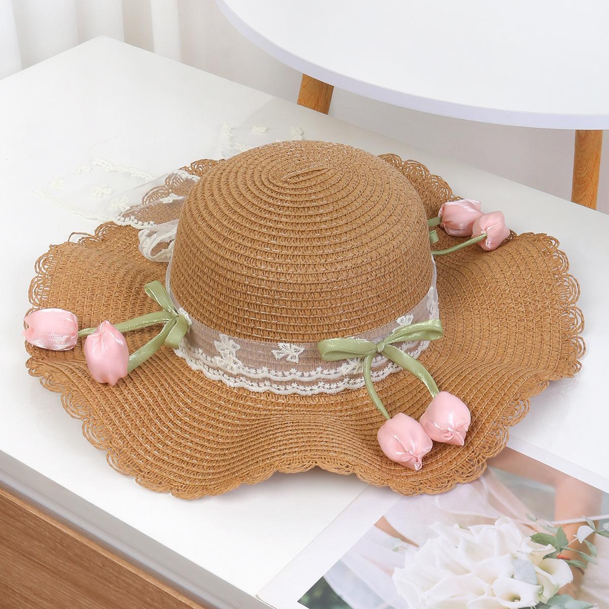 

New Lace bow sun hat seaside beach sun hat women s large brim straw hat M（56-58cm）