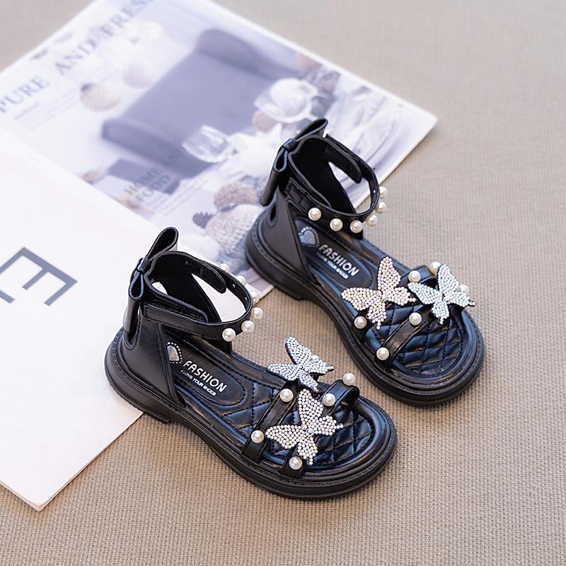 Girls Butterfly Rhinestone Pearl Ankle Strap Non Slip Summer Sandals 26 чёрный