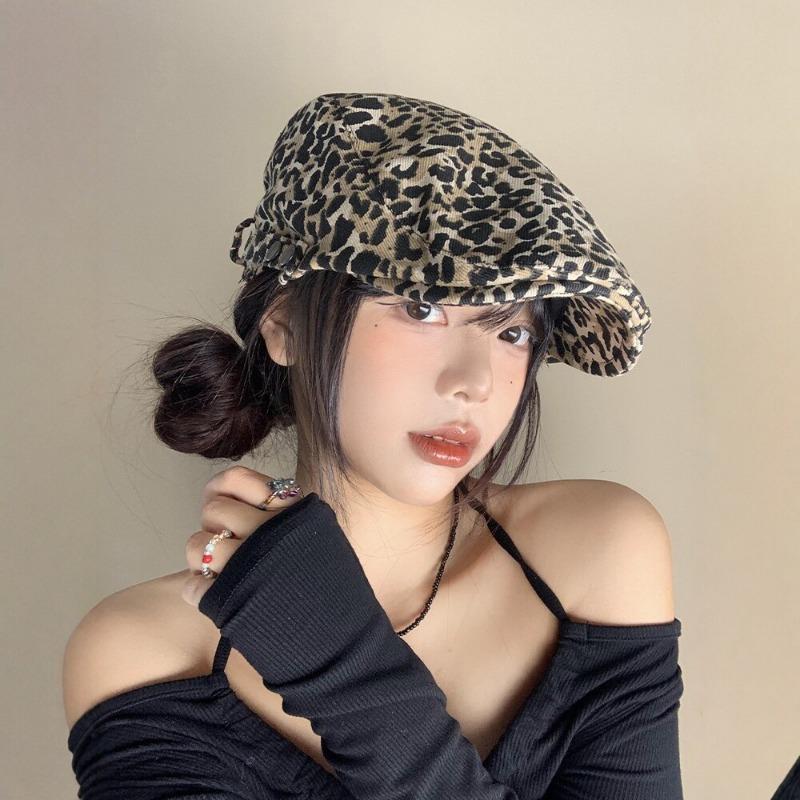 Women S Retro Leopard Print Beret Duckbill Cap Summer Thin Stylish