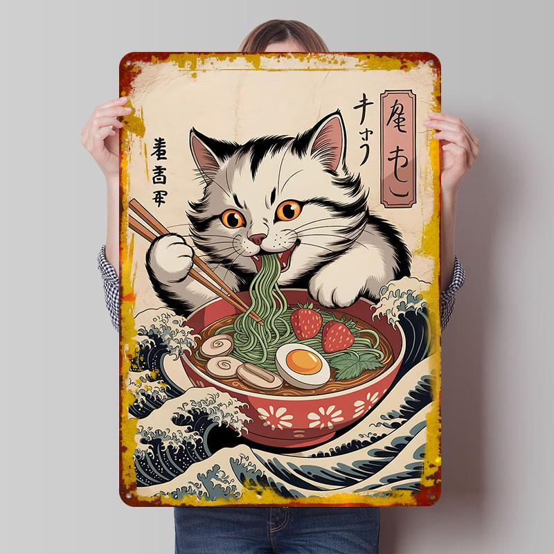 

Cat Eating Ramen With Chopsticks Art Tin Plaque Poster Customized Wall Art Retro Vintage Metal Signs for Man Cave Bathroom Decor 20x30cm（7.8x11.8inch）