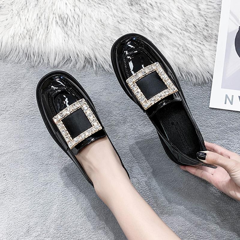 Modne Małe Lakierowane Buty Damskie Kryształowa Klamra Baleriny Kobieta Gruby Niski Obcas Oxford Lolita Biuro Sukienka Mokasyny Damskie Mary Janes