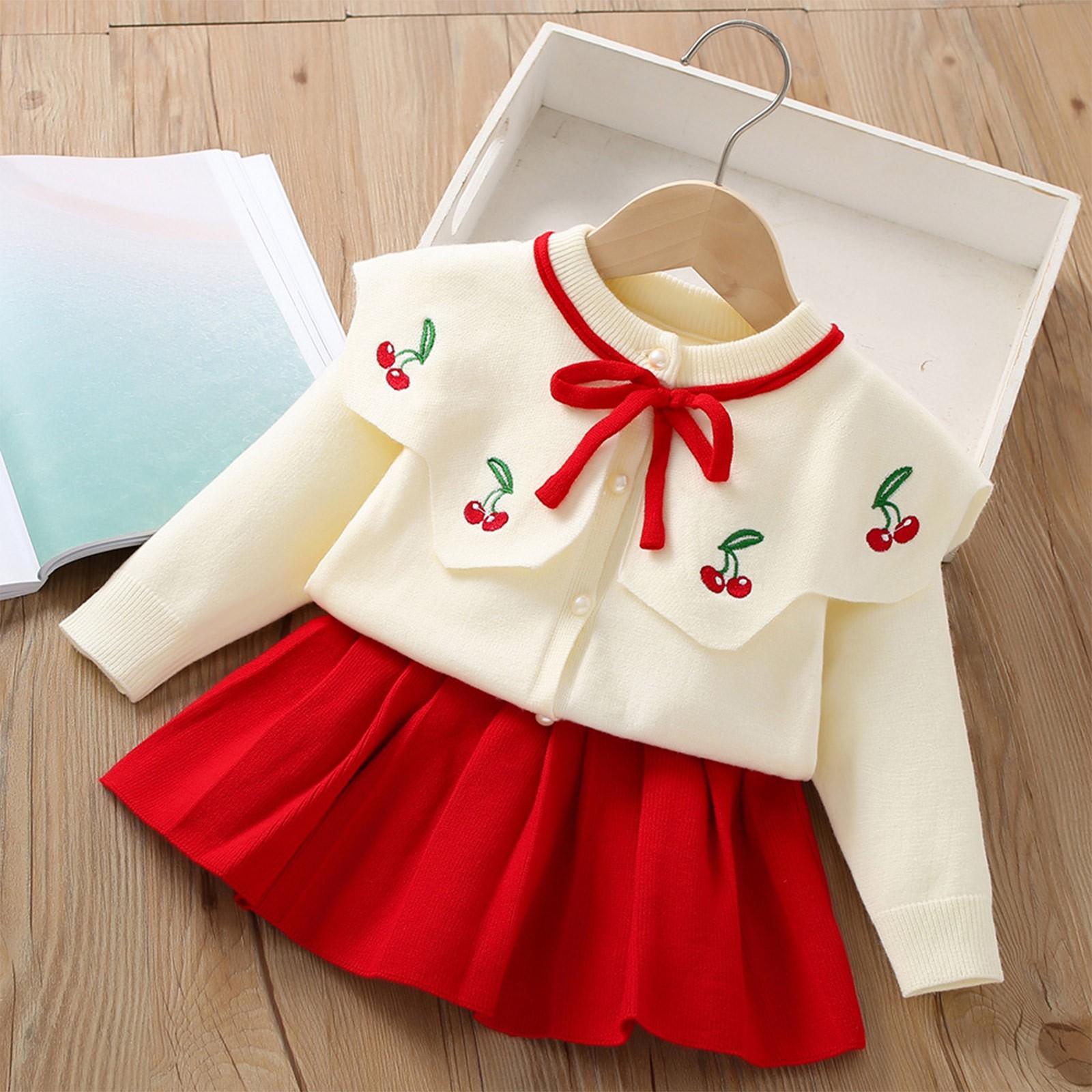 

Комплект для девочек, вязаный детский комплект из двух частей с воротником и вышивкой, юбка 90 красный